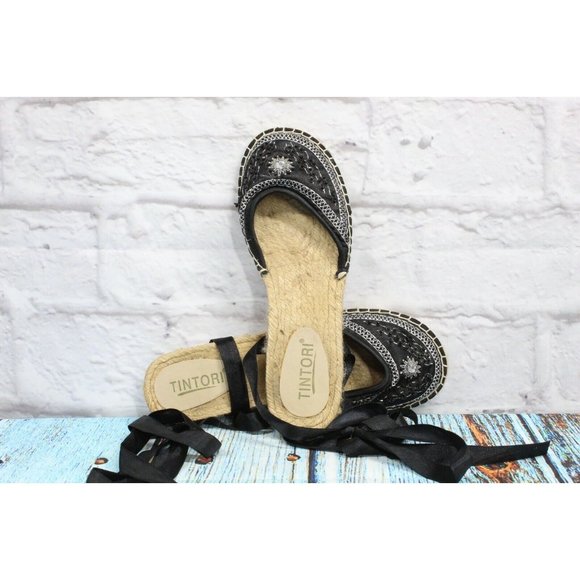 Tintori Black Beaded Embroidered Espadrille Lace-up Sandals Size 40 / 9 - Picture 6 of 9